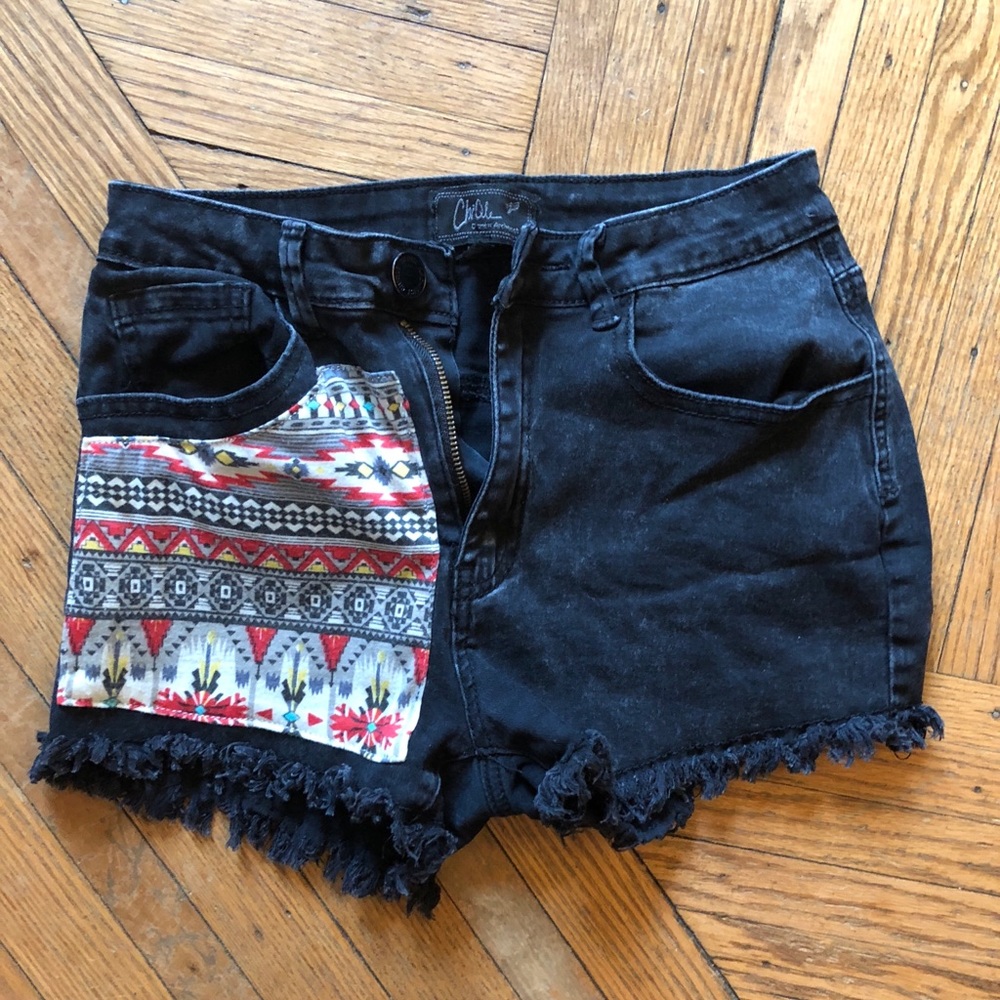 Black denim shorts aztec print